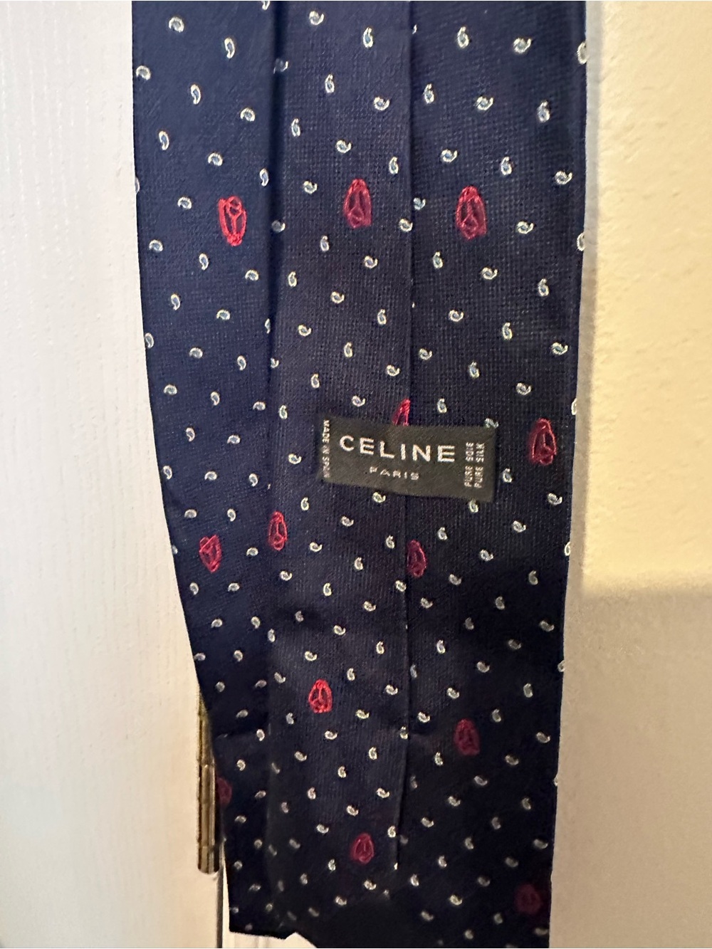 Vintage Celine Paris Pure Silk Navy Equestrian Paisley Logo Tie - Picture 6 of 12